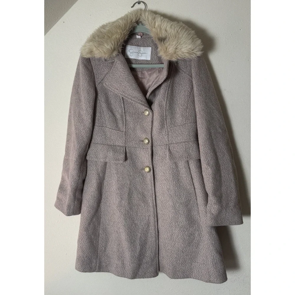 Jessica Simpson Womens Wool Blend Coat Size M Faux Fur Collar Blush